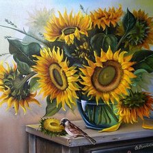 Схема вышивки «Подсолнухи и воробей»