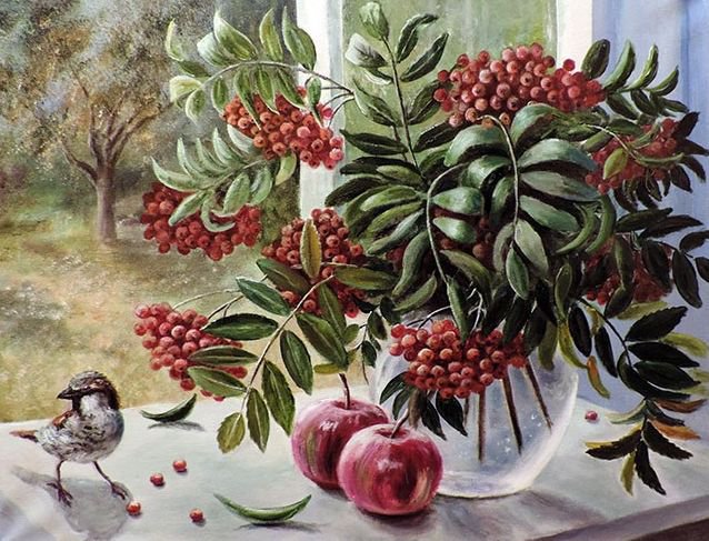 Калина и воробей - калина, натюрморт, птицы, пейзаж - оригинал