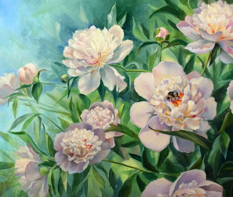 Шмель на пионе - цветы, пионы, натюрморт, насекомые, флора, букет - оригинал