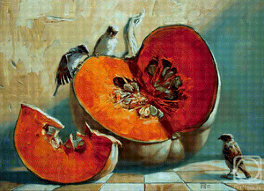 Павлова М. Тыква и воробьи - натюрморт, овощи, птицы - предпросмотр