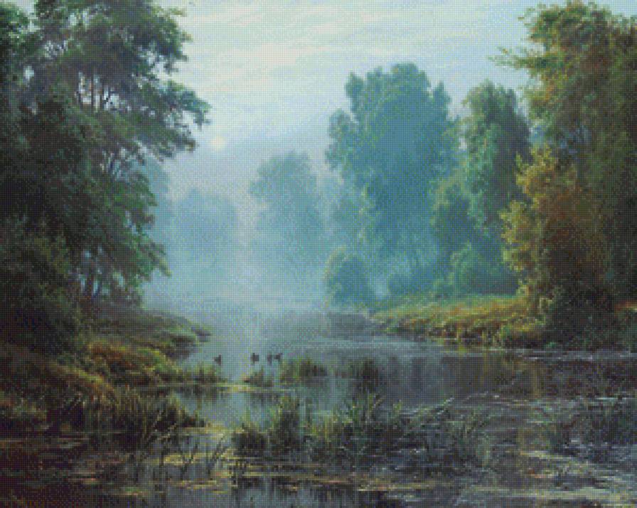 Утро в лесу - лес, утро, туман, озеро - предпросмотр