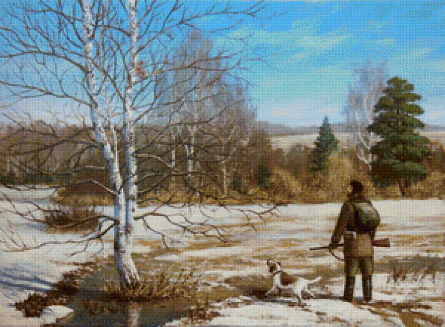 Худ. Пьянов Ю. - природа, охота, весна, охотник, собака - предпросмотр