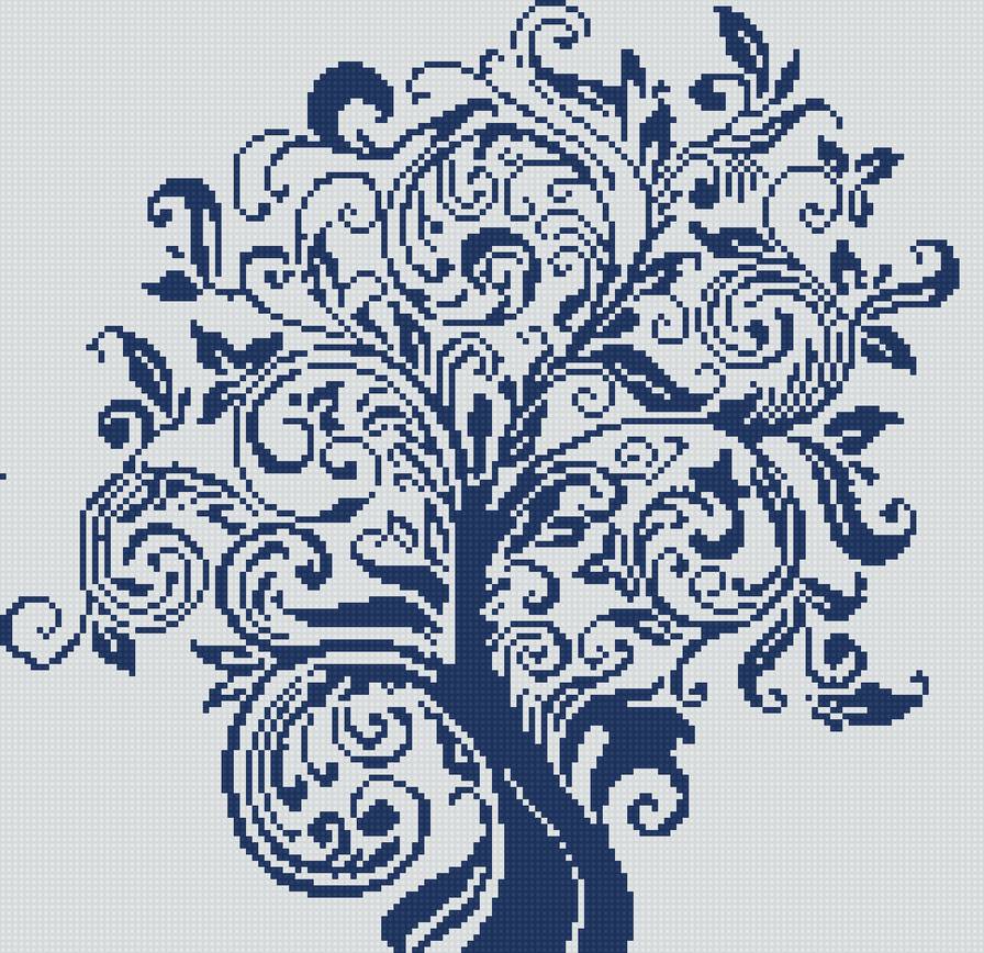 дерево - узор, бело-голубое, дерево - предпросмотр