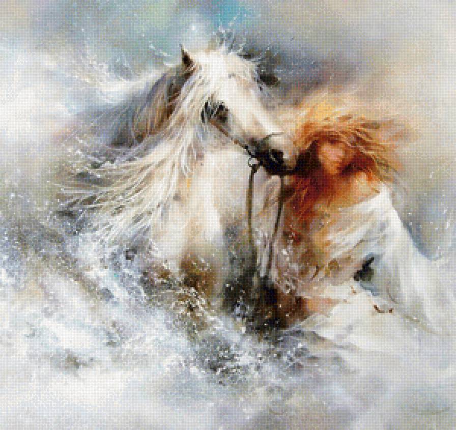 Девушка с лошадью - картина, люди, лошади - предпросмотр