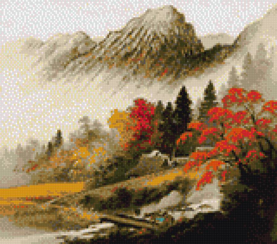 японский осенний пейзаж - осень, япония, пейзаж, горы - предпросмотр