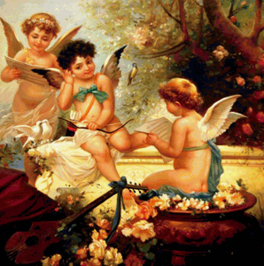 Ангелы с лютней - небо, облако, ангелочки, ангелы, дети - предпросмотр