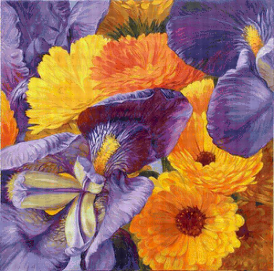 Подушка "Ирисы и календула" - панно, цветы, подушка, букет, живопись, ирисы, календула, панель - предпросмотр