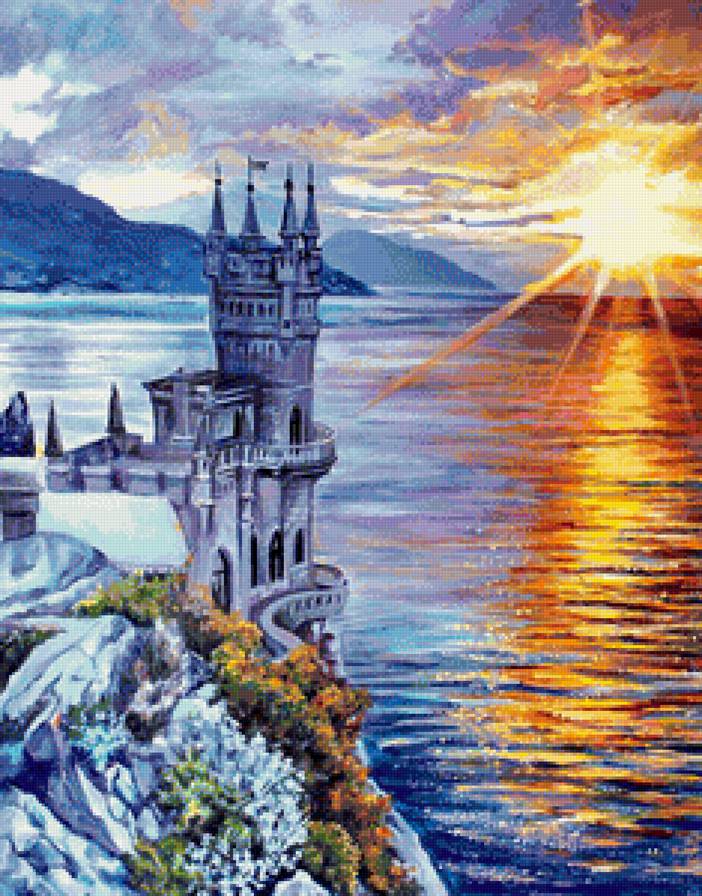 Закат в Ялте - замок, морской пейзаж, лето, ласточкино гнездо, закат, ялта, море, горы - предпросмотр