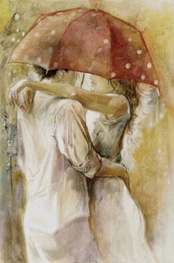 Двое под зонтом - люди, картина - предпросмотр