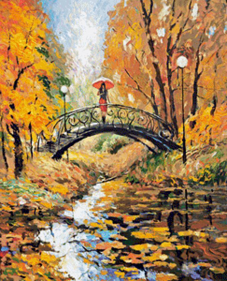 Waiting - природа, живопись, осень, мостик, женщина, дождь, парк, пейзаж - предпросмотр