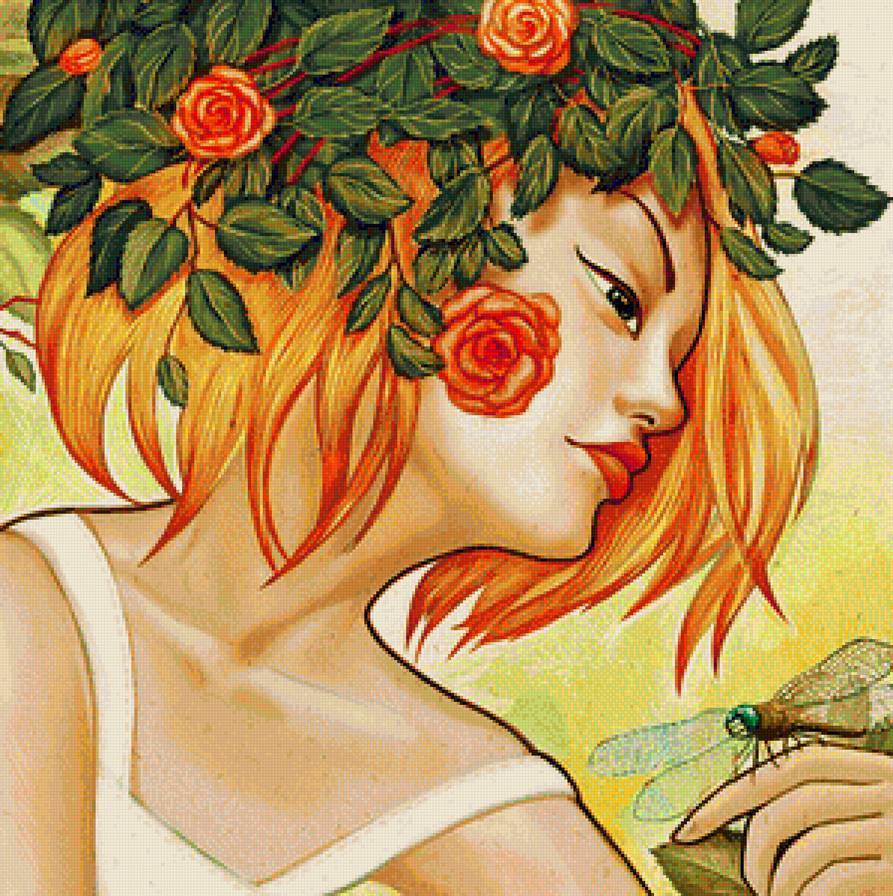 Девушка-лето - цветы, стрекоза, лето, розы, девушка, красавица, женщина - предпросмотр