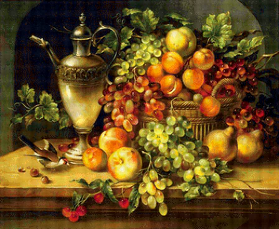 Восточный натюрморт - черешня, для кухни, ягоды, фрукты, персики, груши, натюрморт, виноград - предпросмотр