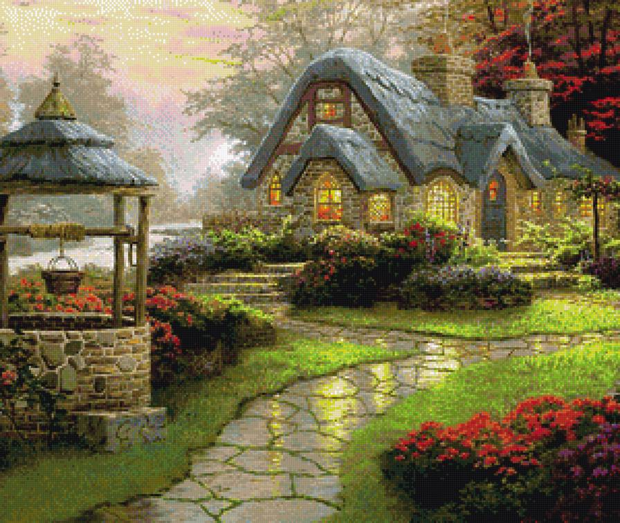 Дом с колодцем после дождя - дом, сад, колодец - предпросмотр