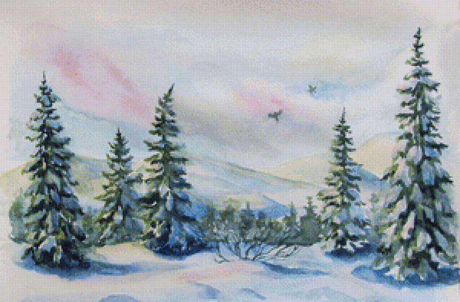 акварельная зима - пейзаж, акварель, картины, лес, зима, елки - предпросмотр