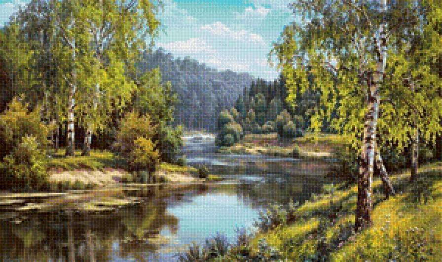 Родные просторы - лето, пейзаж, лес, природа, картина, пруд - предпросмотр