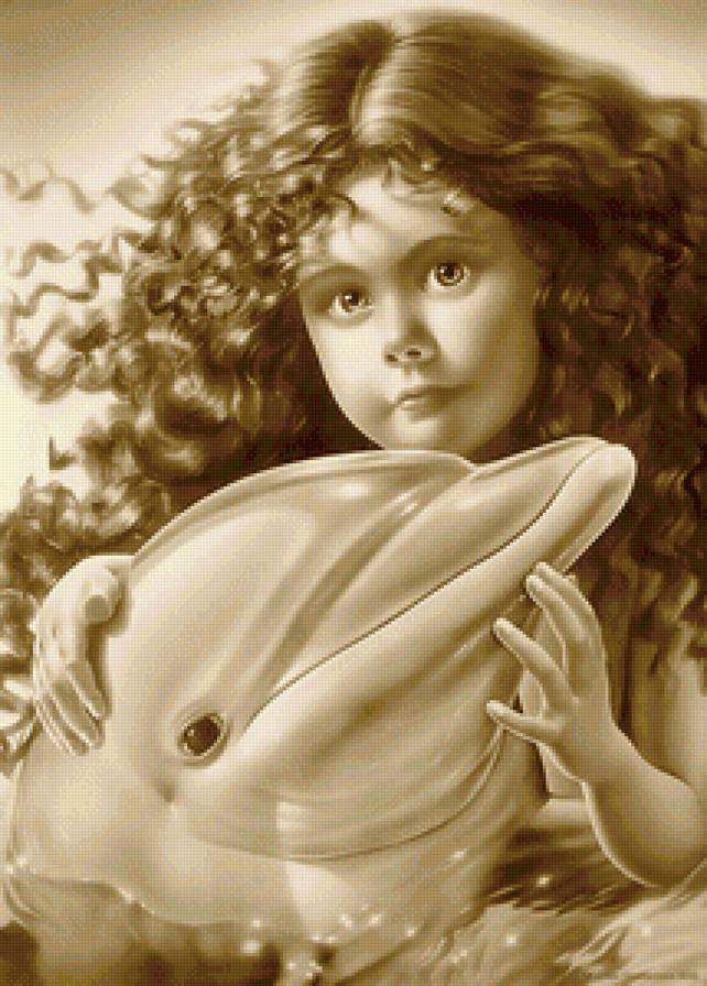 Русалочка - девочка, дельфин, сепия - предпросмотр