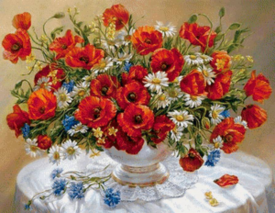 Маки и ромашки в вазе. - цветы, ромашки, живопись., маки - предпросмотр