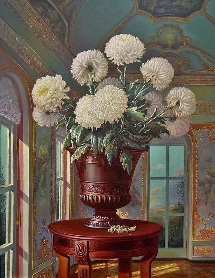 Худ. Сергей Панин - окно, ваза, цветы, хризантемы - оригинал