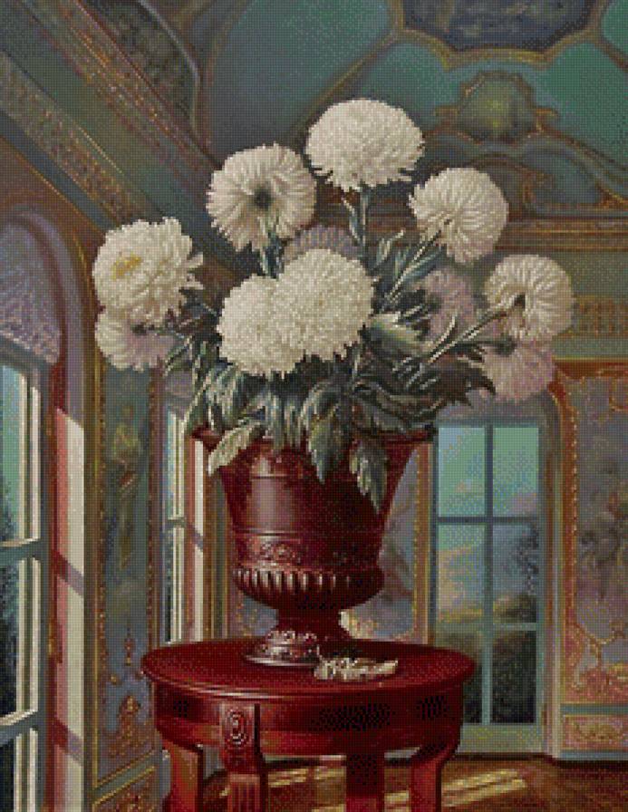 Худ. Сергей Панин - окно, ваза, цветы, хризантемы - предпросмотр