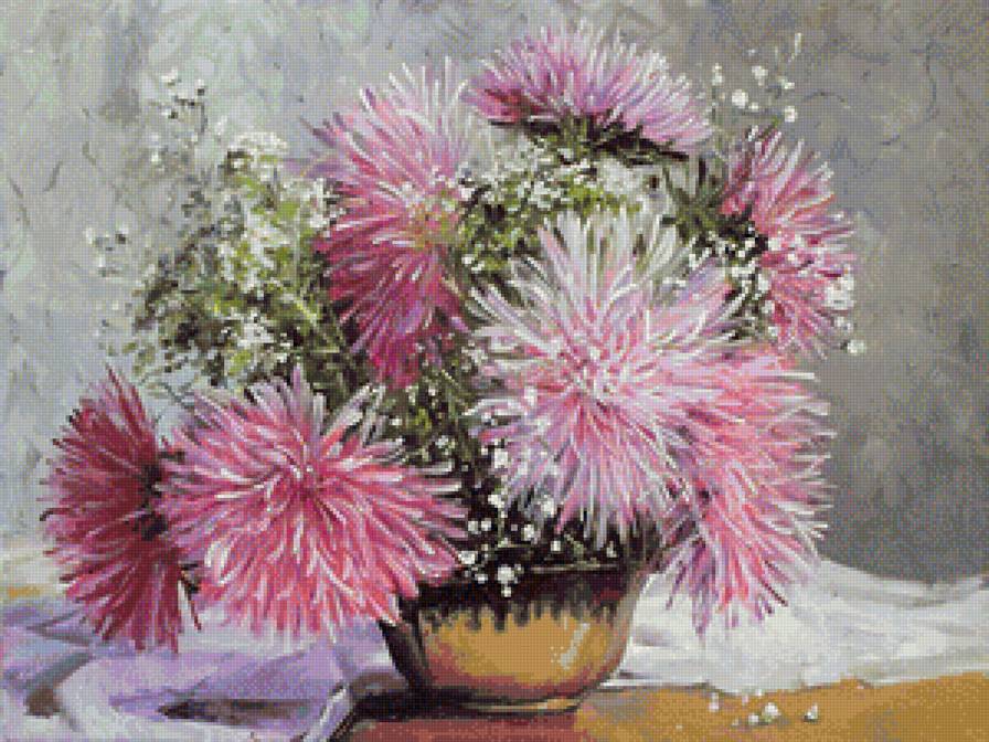 Худ. Александр Воля - цветы, ваза, астры, букет - предпросмотр