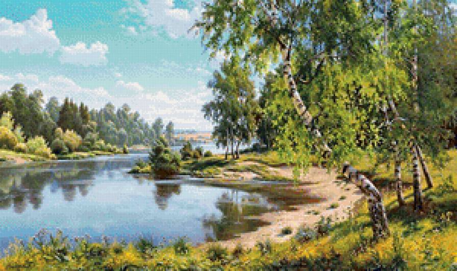 Родные просторы - пейзаж, природа, река, картина, лес, лето - предпросмотр
