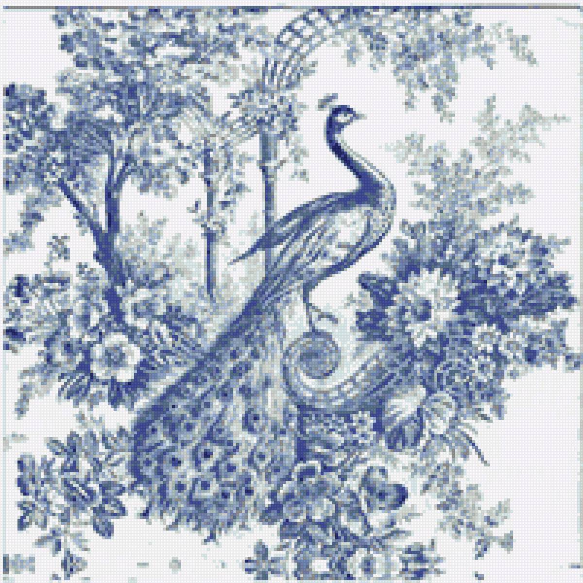 Павлин - гжель, павлин, монохром, птица - предпросмотр