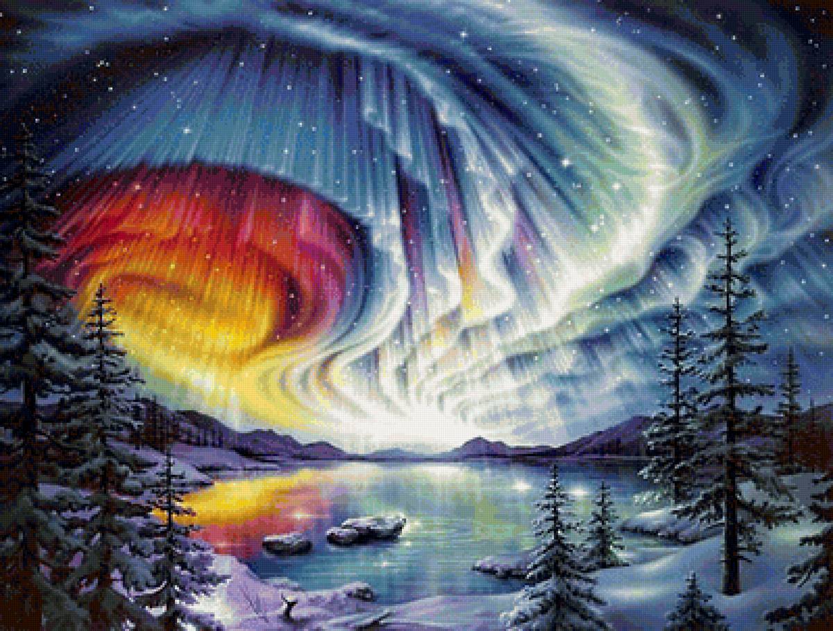 северный цветок - лес, северное сияние, снег, ночь, пейзаж, зима, озеро - предпросмотр