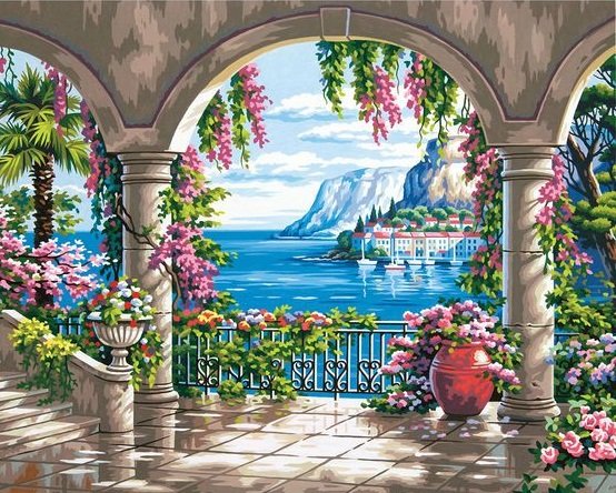 летний пейзаж - горы, цветы, природа, лето, вода, море - оригинал