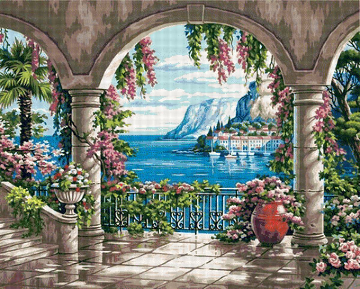 летний пейзаж - лето, природа, море, вода, горы, цветы - предпросмотр