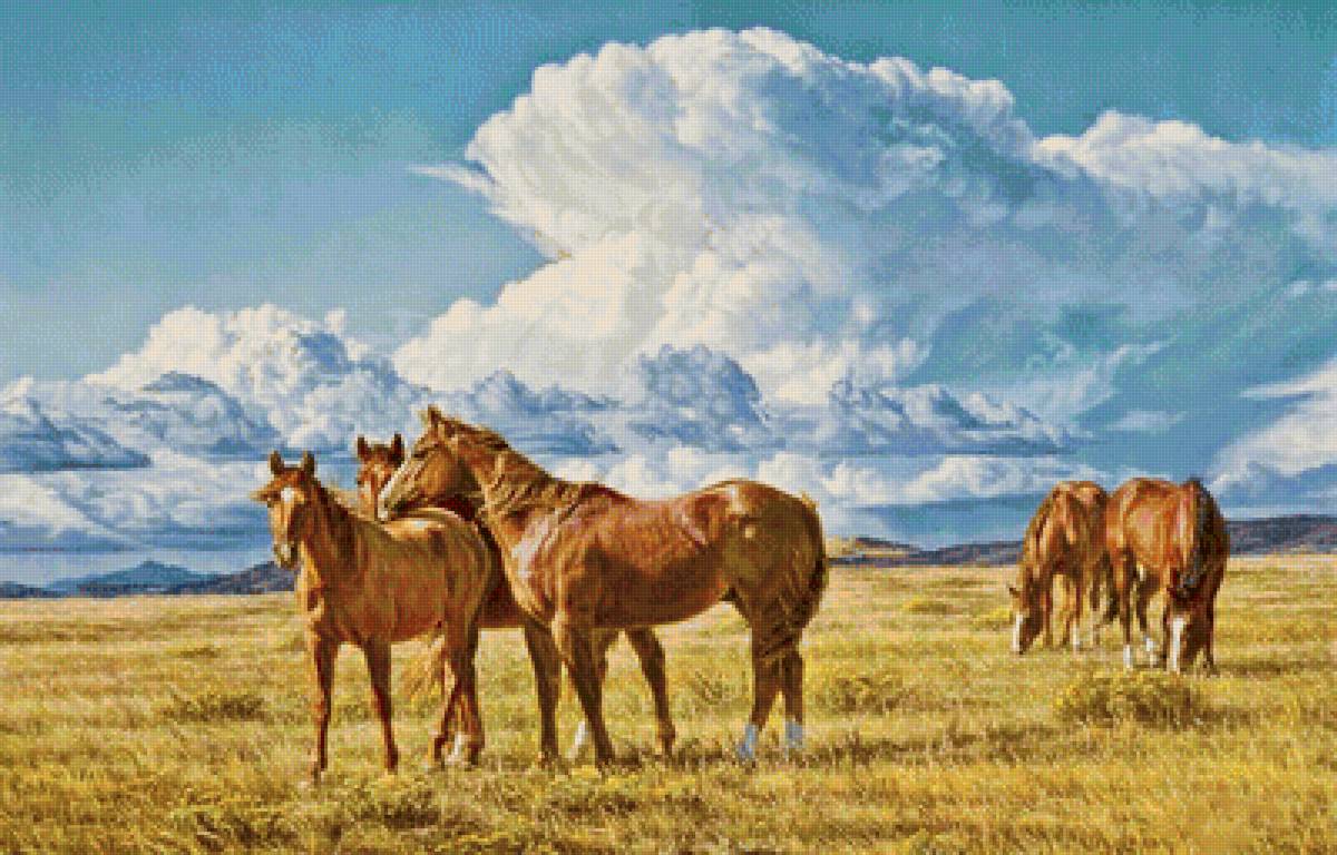 Лошади - осенний пейзаж, степь, горы, живопись, пейзаж, небо, лошади, кони - предпросмотр
