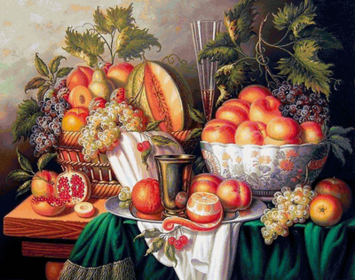 натюрморт в старинном стиле - гранаты, виноград, лимоны, персики, натюрморт - предпросмотр