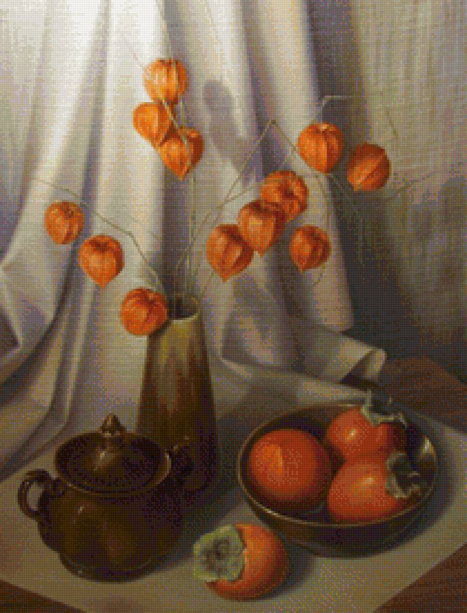 Худ. Широкова Натюрморт с физалисом - ваза, физалис, натюрморт, хурма - предпросмотр