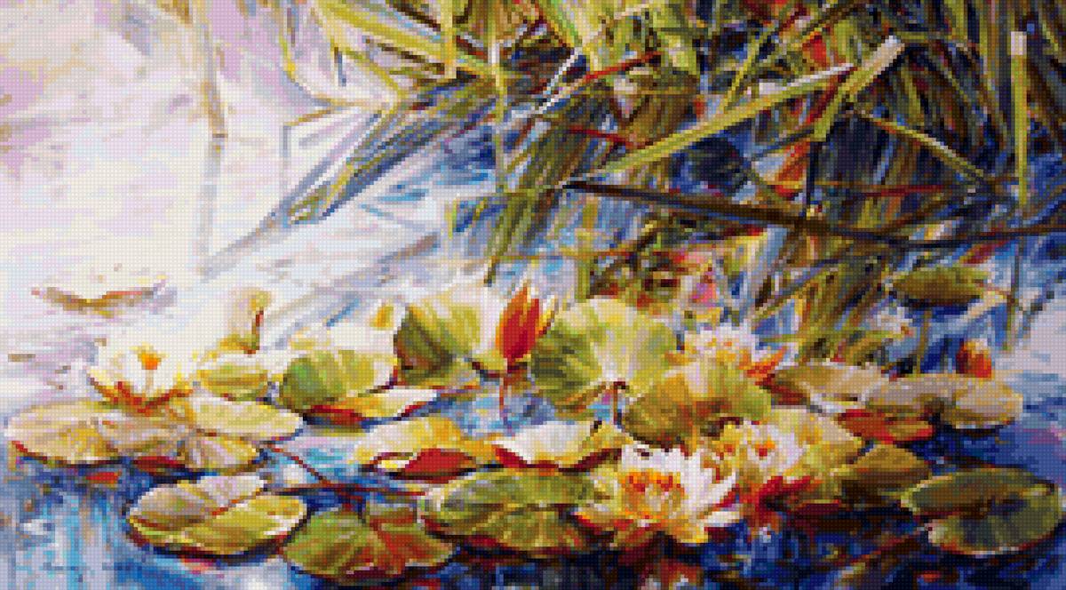 лилии в пруду - пейзаж, лилии, акварель, пруд - предпросмотр