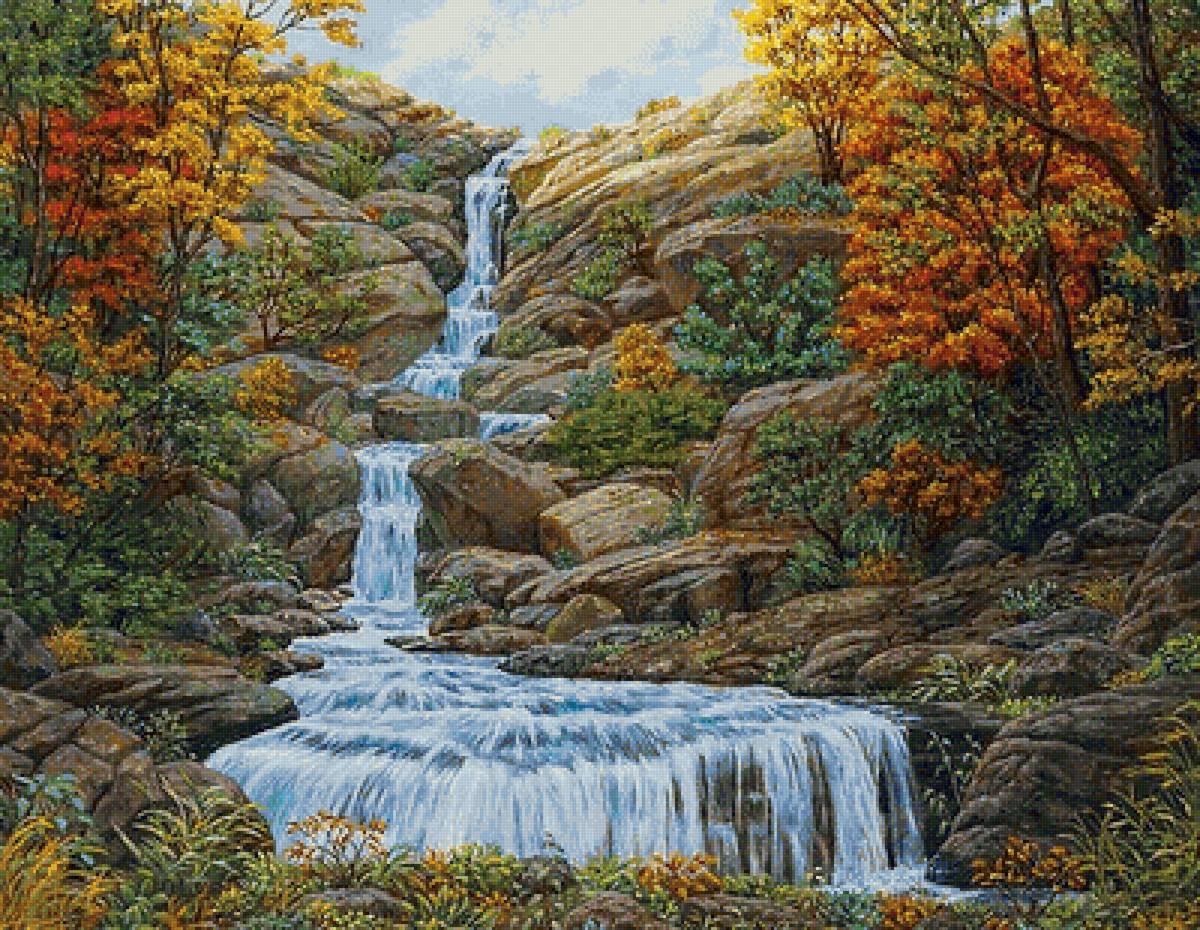 горный пейзаж - осень, водопад, лес, речка, горы, река, пейзаж - предпросмотр