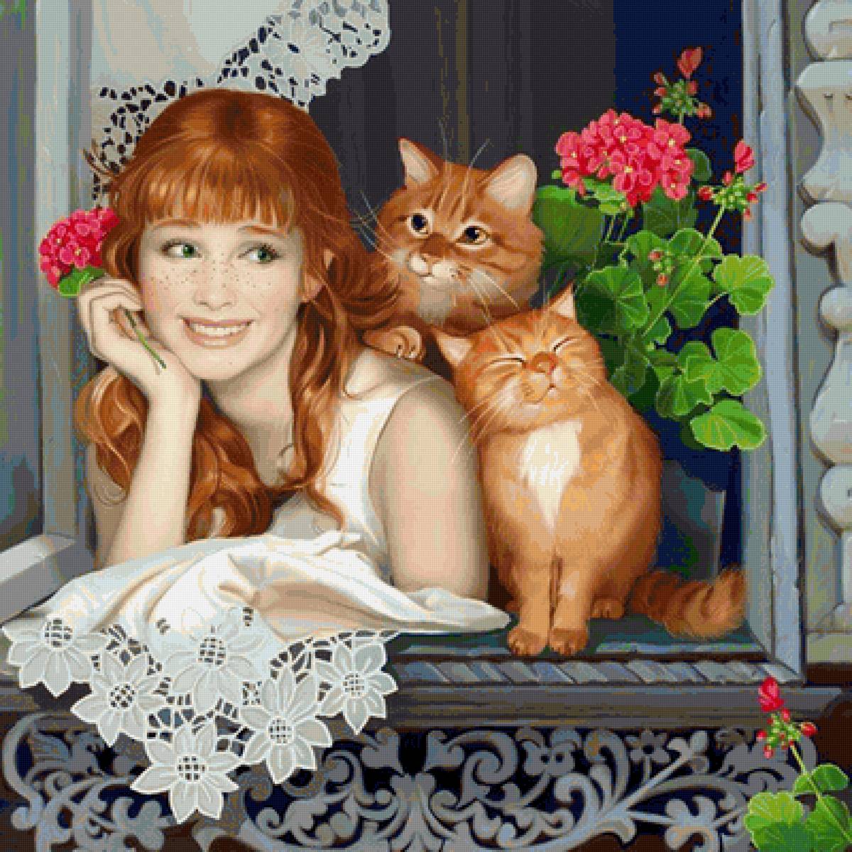 рыжие - девушки, живопись, кот, красота, картина - предпросмотр