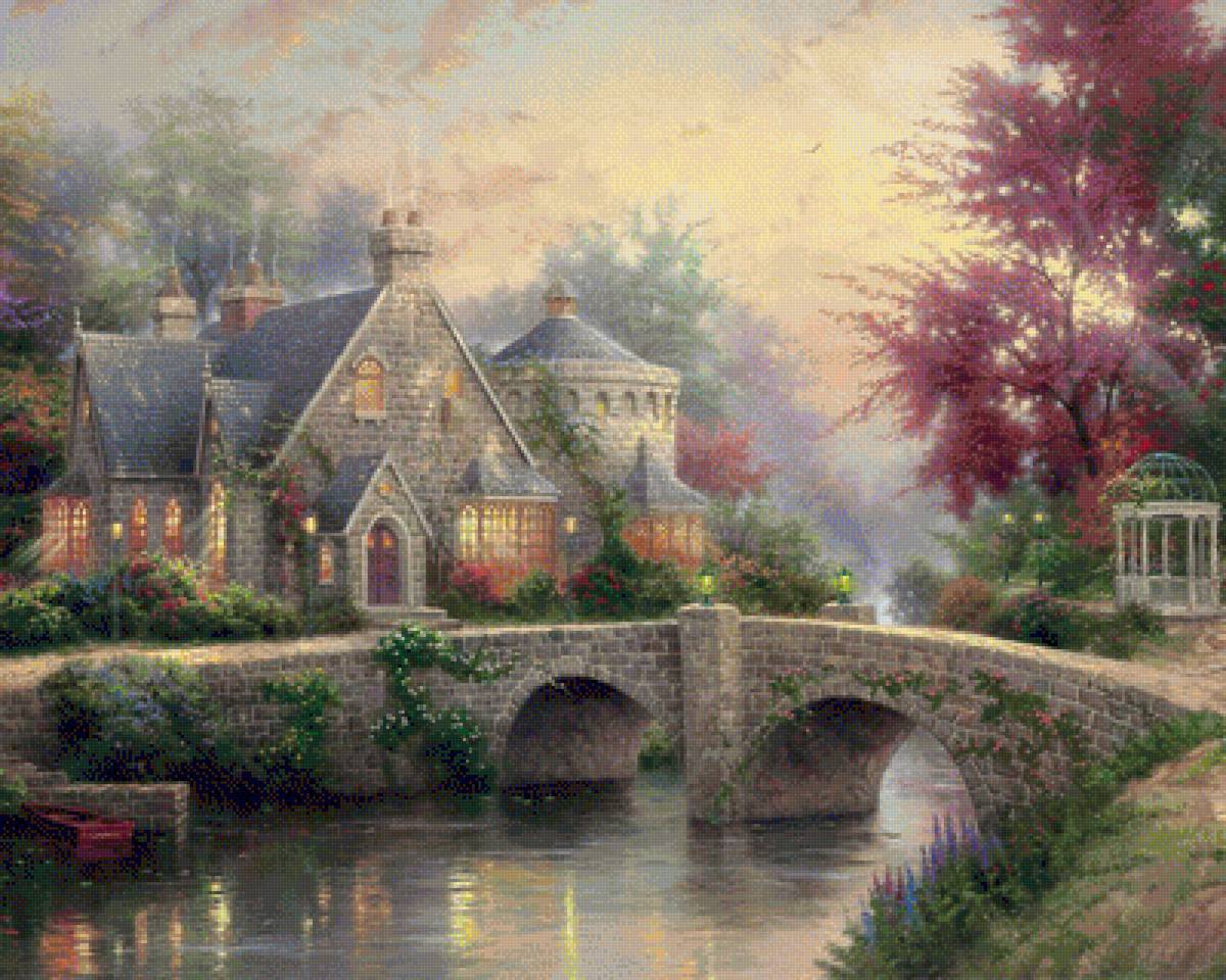 №1257422 - природа, семья, вода, пруд, мост, небо, дом - предпросмотр