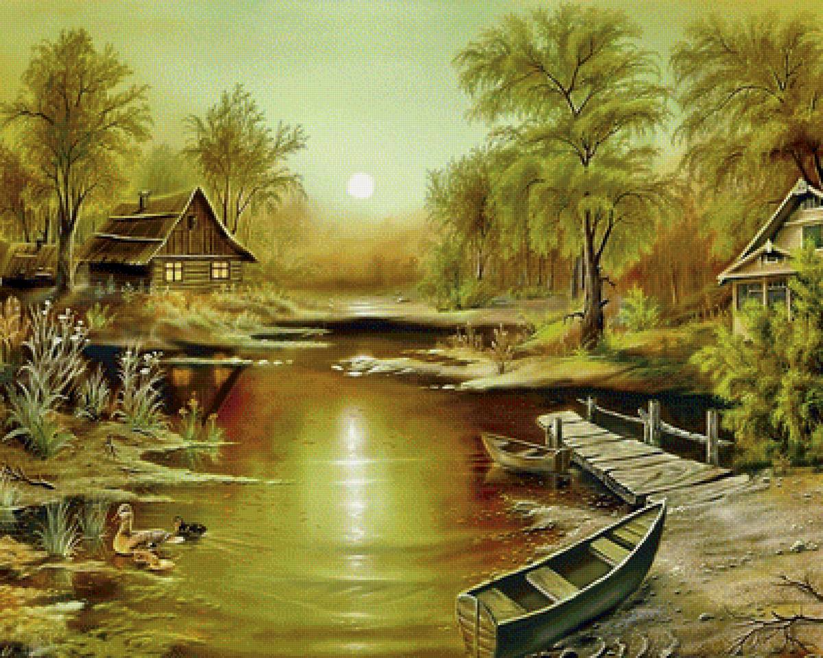 сказочный пейзаж - картина, пруд, закат, пейзаж, природа - предпросмотр