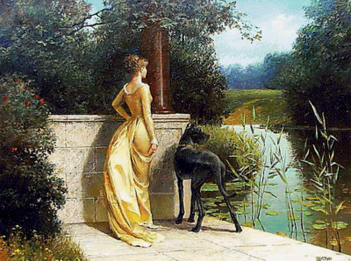 По картине худ. Владимира Шустина. - дама, собака, живопись., пейзаж - предпросмотр