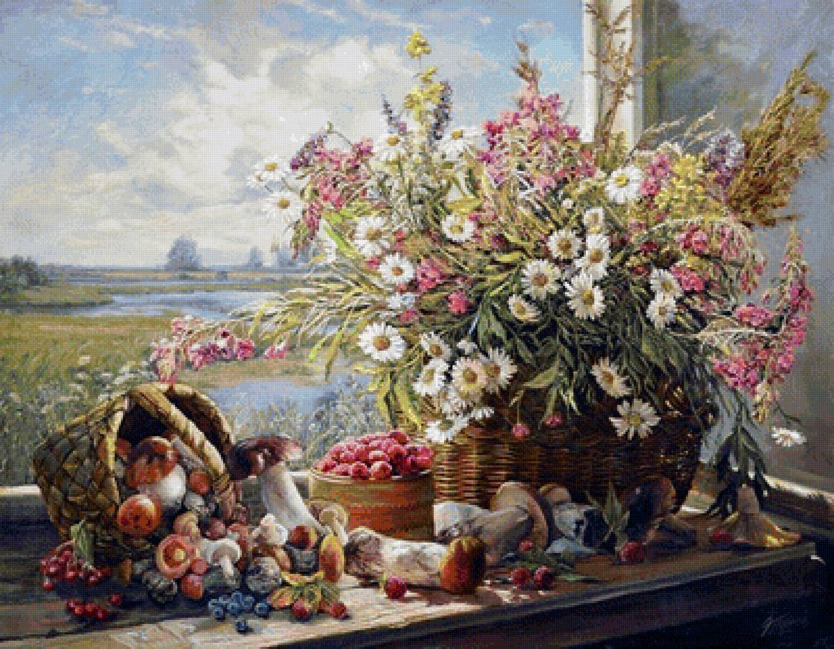 Натюрморт в сельском стиле - цветы, художники, натюрморт, букет, картины - предпросмотр