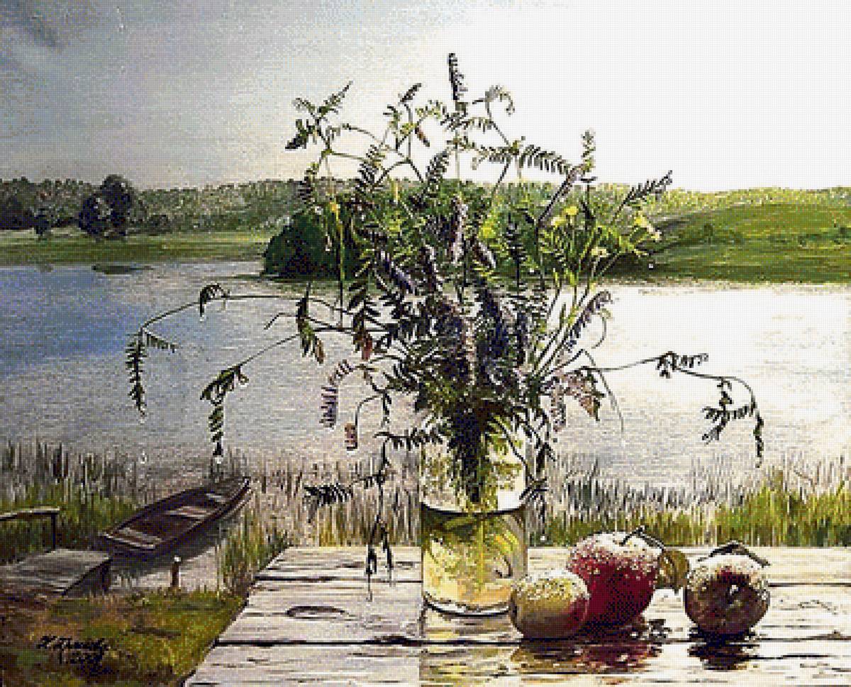 По картине худ. Нины Красновой " После дождя". - пейхаж, букет, река, живопись. - предпросмотр