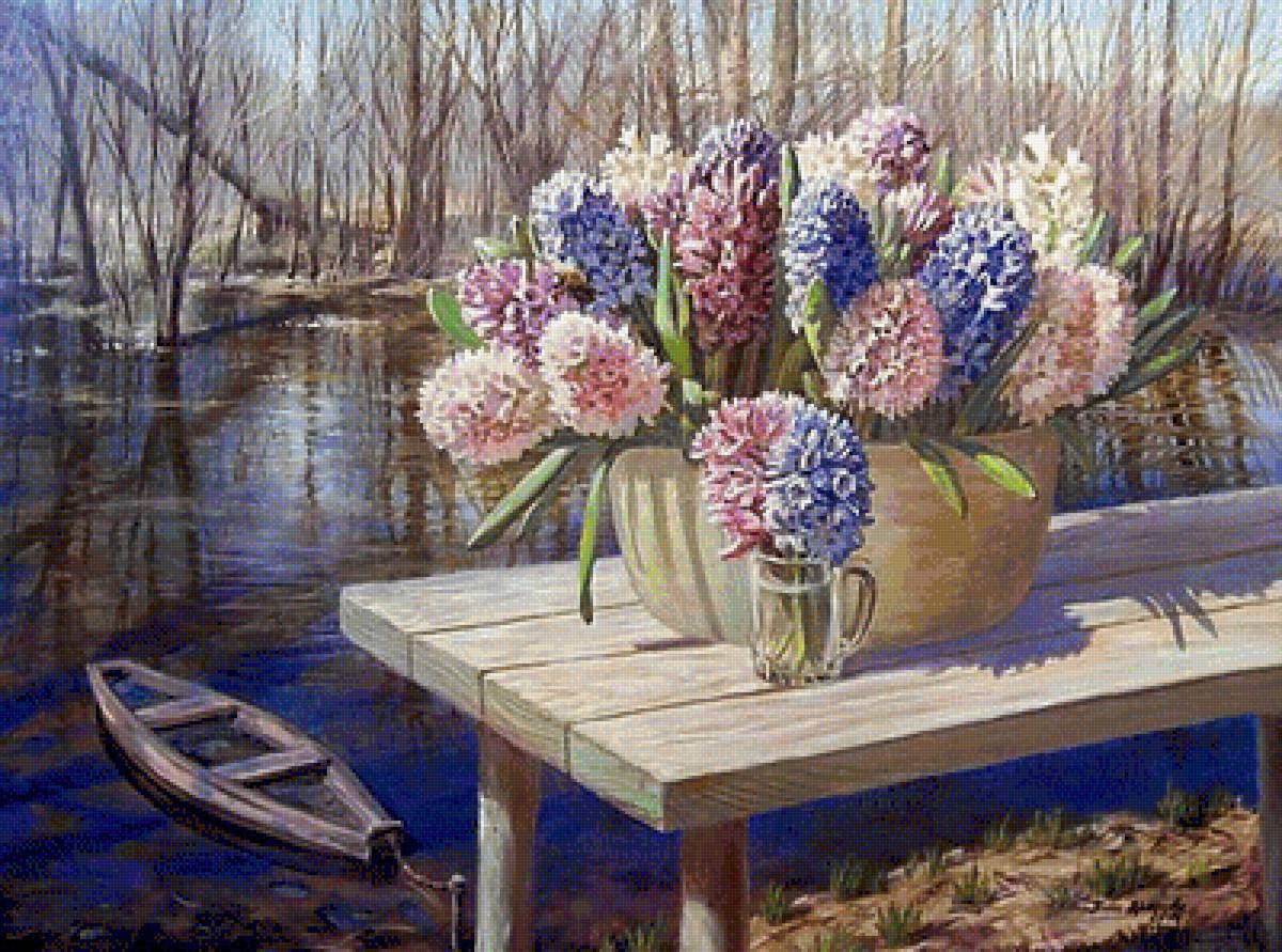 По картине худ. Нины Красновой "Геоцинтовое лето" - пейзаж, геоцинты, река, букет, живопись. - предпросмотр