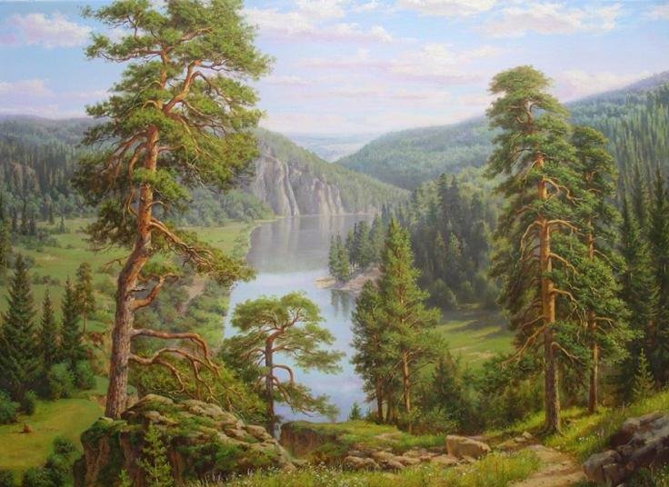 Родные просторы - лес, пейзаж, картина, природа, река - оригинал
