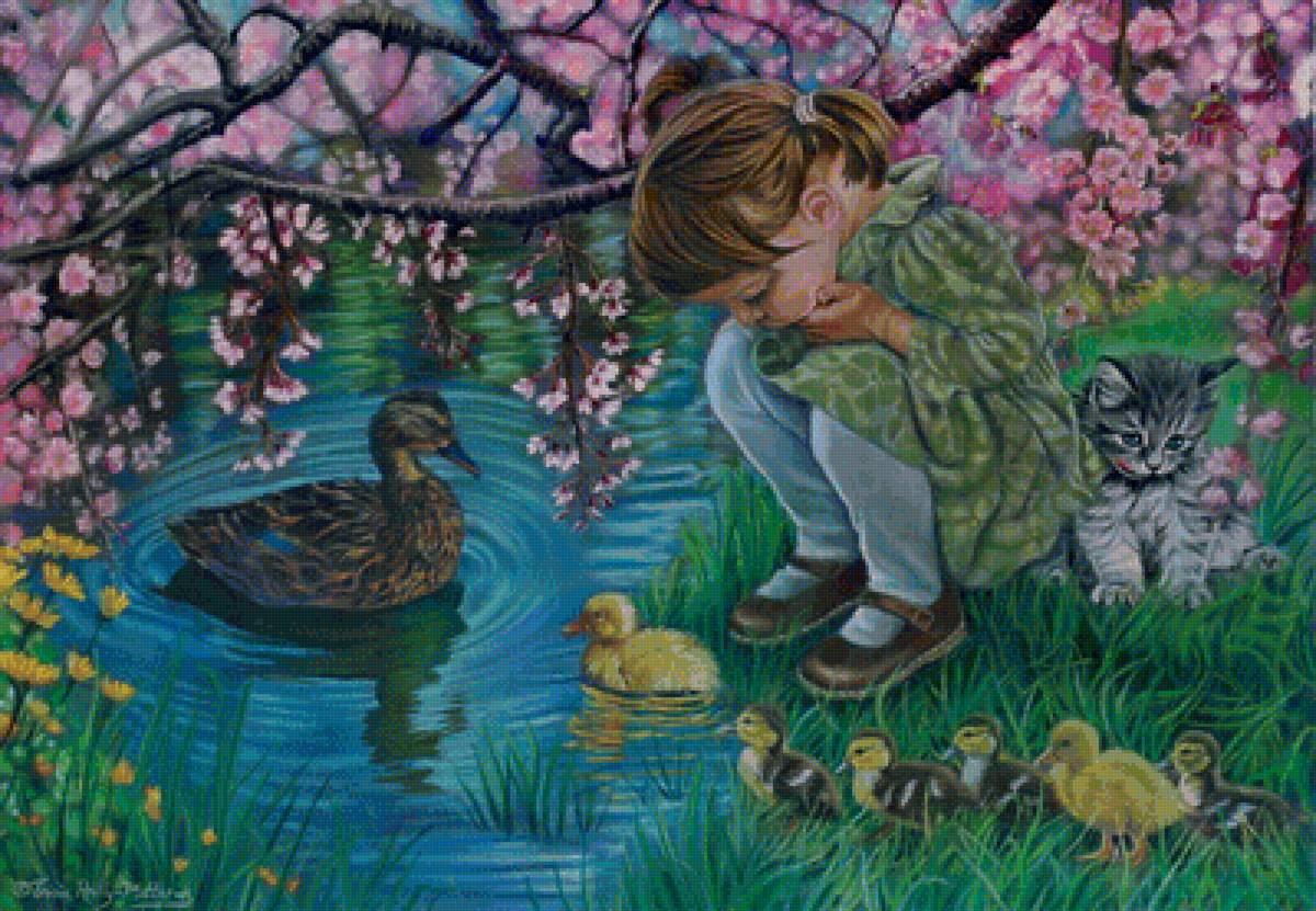 весна - животные, утята, котенок, пруд, девочка, цветы - предпросмотр