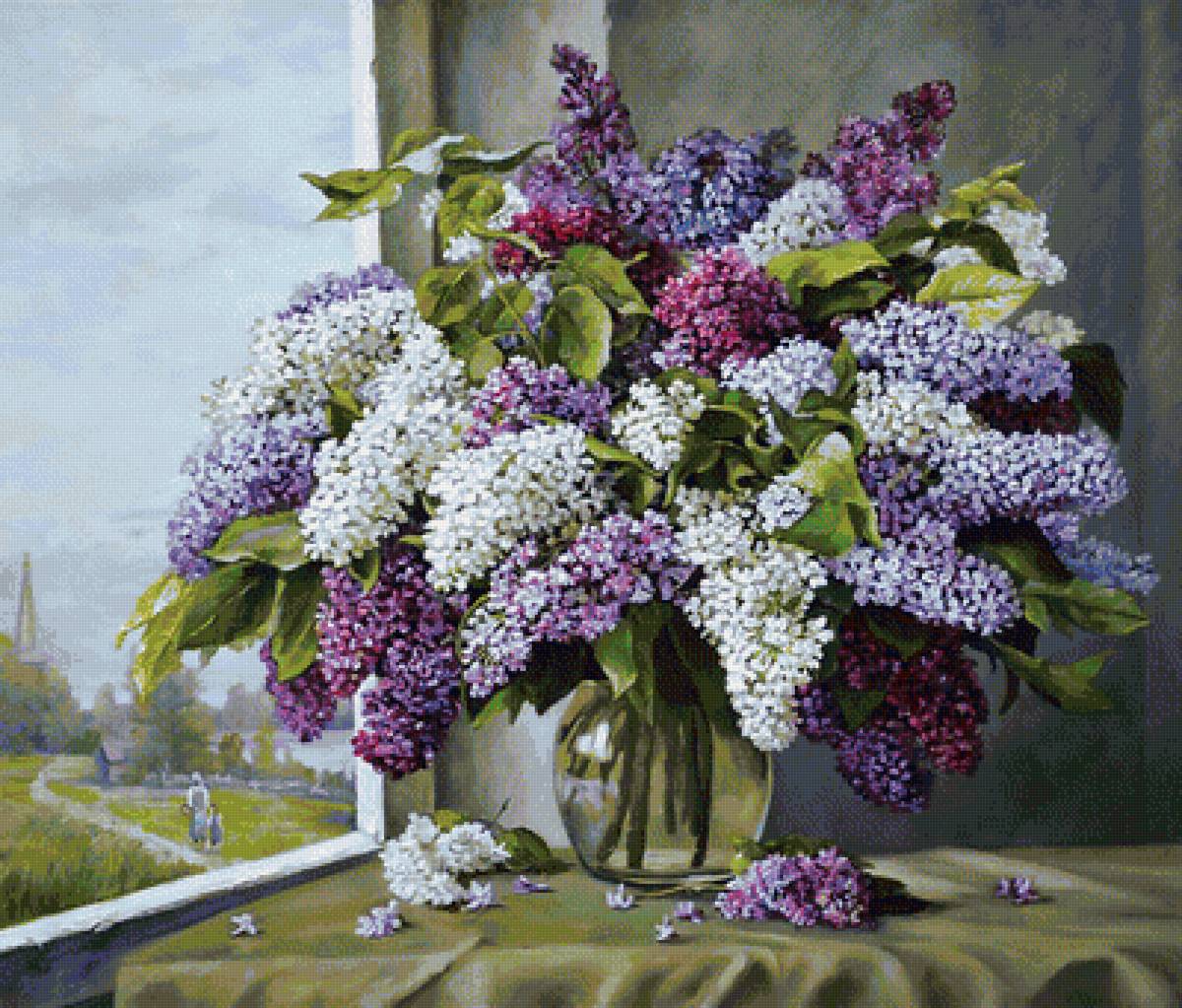 Букет сирени на окне - окно, цветы, сирень, ваза, букет - предпросмотр