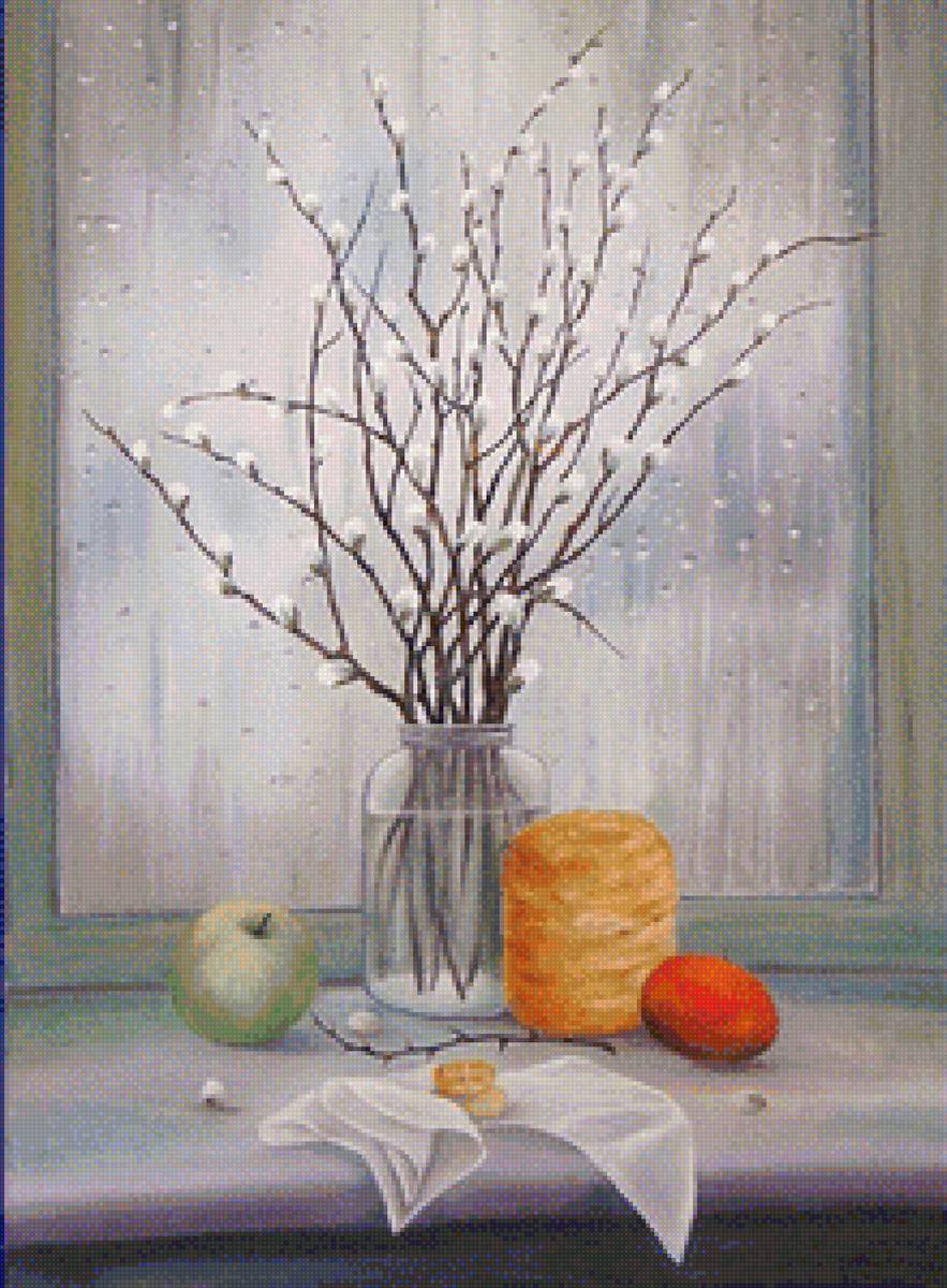 Худ. Колодин Ал-др Иванович.Вербный вздох весны - окно, натюрморт, верба - предпросмотр