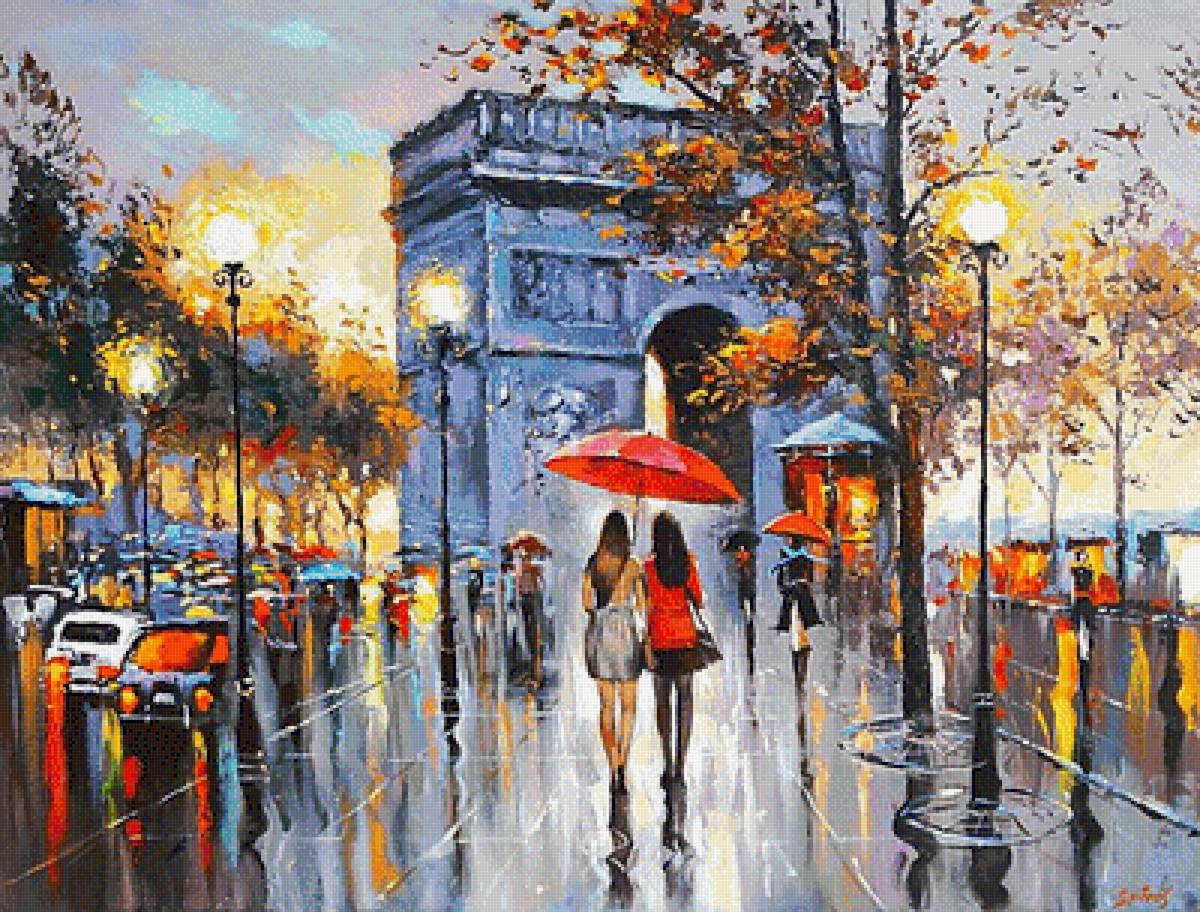 We met in Paris - живопись, город, осень, дождь, пейзаж, вечер - предпросмотр