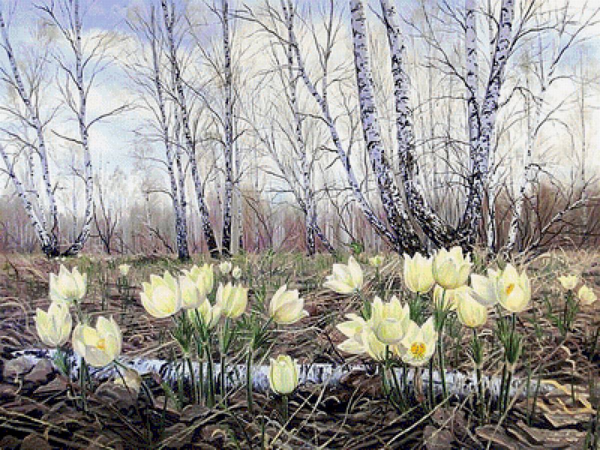 По картине худ. Дмитрия Репина "Первоцветы" - цветы. живопись., пейзаж - предпросмотр
