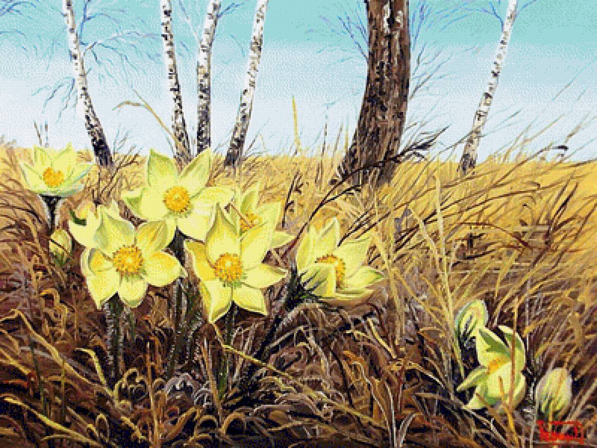 По картине худ. Дмитрия Репина "Первоцветы" - живопись., пейзаж, цветы - предпросмотр