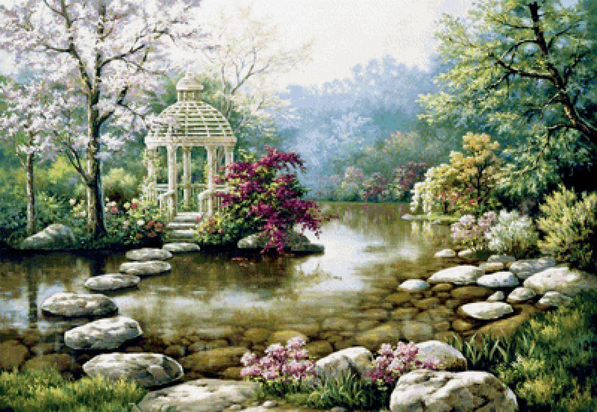 Беседка у воды. - природа, картина, пейзаж, пруд - предпросмотр