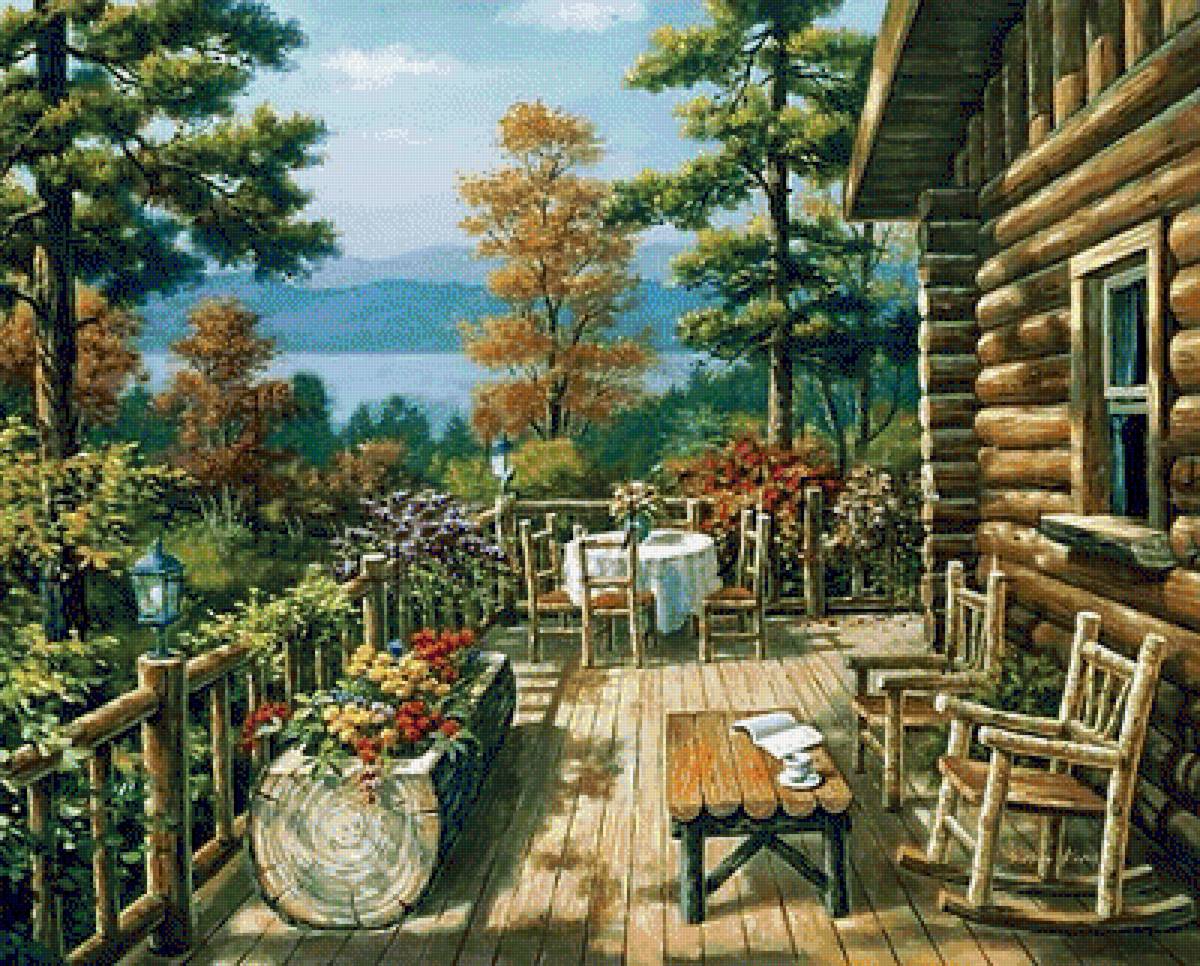 №1266407 - цветы, живопись, дом, пейзаж, лес, озеро, природа - предпросмотр